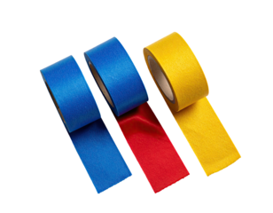 Rolls of blue, red, and yellow tape with ends unspooled, against black