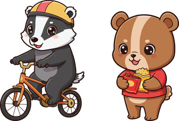 Cute cartoon badger riding bicycle and adorable bear eating french fries, funny kawaii animal characters illustration vector for kids artwork