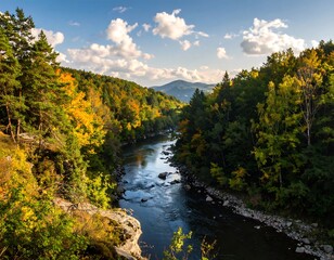 Picturesque river valley surrounded by lush forests under a vibrant blue sky