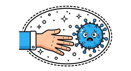 Human Hand Pushing Away a Scared Cartoon Virus Character.