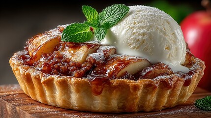 Apple tart with ice cream and mint on a wooden board.