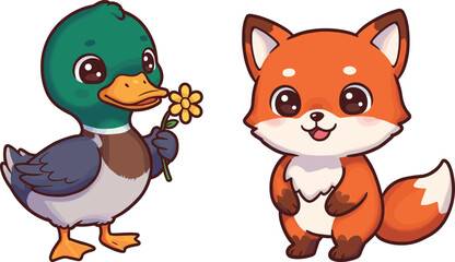 Cute cartoon duck holding flower and happy fox character, funny animal illustration vector design for kids, mascot, children artwork