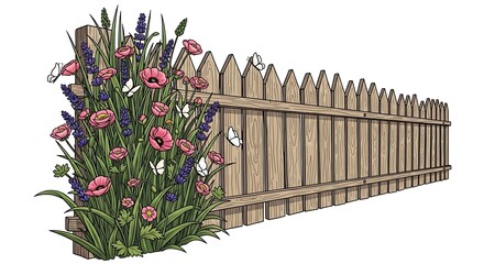 Garden Fence with Colorful Flowers and Butterflies Illustration.