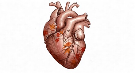 Anatomical Human Heart Adorned with Vibrant Autumn Leaves, Blending Biology with Nature's Seasonal Beauty on a Clean White Background