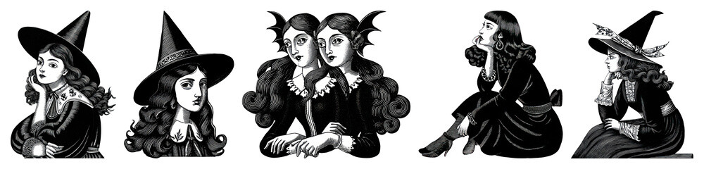 PNG Vintage witches in classic attire, element set on transparent background