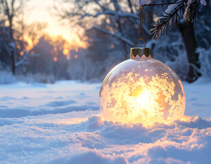 Christmas Ornament in Snowy Winter Landscape at Sunrise.