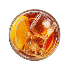 Overhead view of refreshing cocktail with orange slice and ice cubes isolated on white background