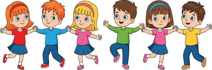 Cartoon children holding hands dancing together, happy boys and girls smiling, friendship playtime activity, joyful childhood fun illustration, kids celebration