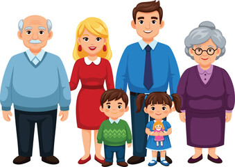 Cartoon happy family illustration with grandparents, parents, children, multigenerational characters, family love, lifestyle, home unity, togetherness, childhood, relationships