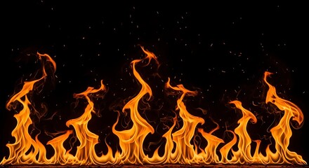 Fiery Flames Dancing Against Black Background.