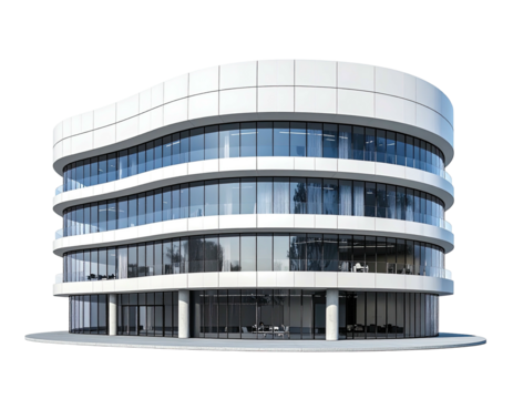 A modern, curved white office building with glass windows and a clean design