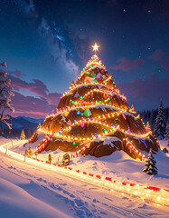 Magical Christmas Tree on Snowy Mountain Under Starry Night Sky.