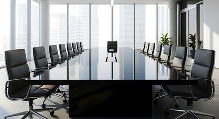 Modern Boardroom with City View and Sleek Furniture.