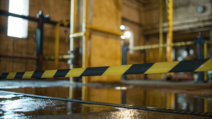 Area closure using chemical spill barrier concept. Industrial setting with caution tape and wet floor reflecting light.