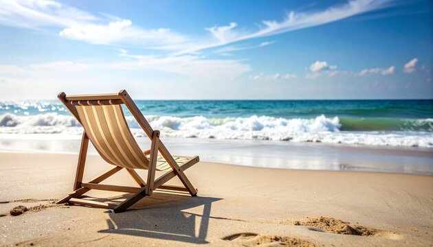 Relaxing beach scene with an empty striped lounge chair on golden sand, facing a vibrant blue ocean under a clear sky.