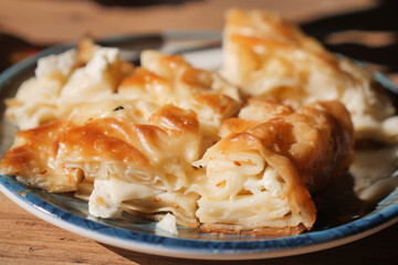 Warm baked turkish borek filled with cheese served on a plate