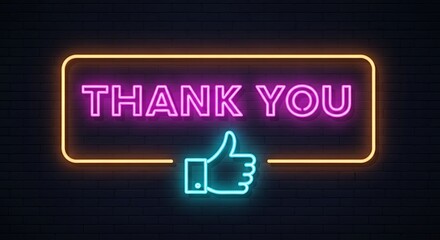 Thank You Neon Sign with Thumbs Up Gesture on Dark Brick Wall.
