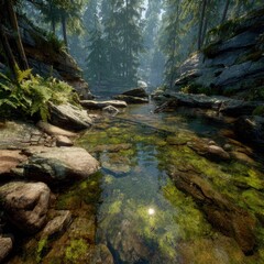 Tranquil Forest Stream With Rocks And Sunlight
