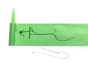 A rolled green tape, an arrow, and a bent wire object against a black