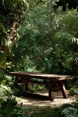 Naklejka premium Rustic Wooden Table In Lush Forest