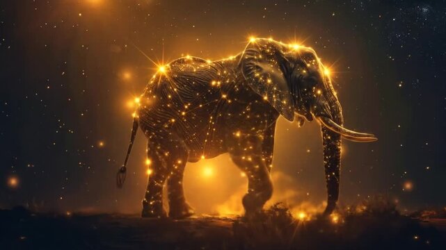 Mystical elephant adorned with celestial lights in a mesmerizing cosmic landscape