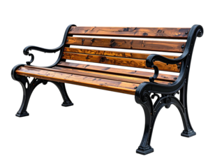 Classic park bench with wood slats and ornate black metal frame