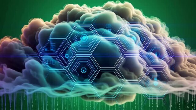 Digital cloud computing concept with data network connections and futuristic technology interface on colorful abstract cloud background  
