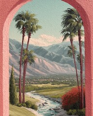 Vintage Pastel Landscape With Palm Trees And Mountains Through Archway