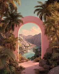 Pink Archway To Mountain Valley Landscape
