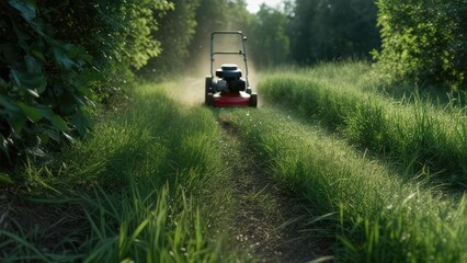 Lawn Mower Cutting Through Tall Grass on a Sunny Day.