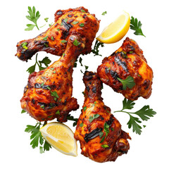 Delicious grilled chicken drumsticks with lemon and fresh parsley arrangement isolated on white background
