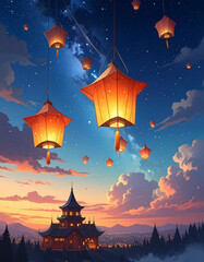 Magical Night Sky Lantern Festival Over Traditional Asian Temple.