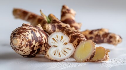 Closeup Of Sliced Ginger Root On White Background