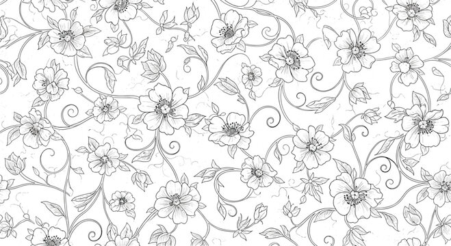 A delicate vintage floral pattern with swirling vines and intricate botanical details.