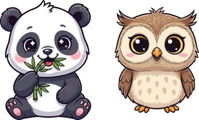 Cute cartoon panda eating bamboo and adorable owl character vector illustration, funny animal artwork, children design, mascot drawing, kids clipart