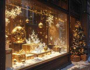 Elegant Christmas Window Display with Ornaments and Tree.
