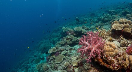 Fototapeta premium 深く澄み切った広大な青い海に降り注ぐ柔らかな太陽の光が色鮮やかなピンクのソフトコーラルや岩礁サンゴを神秘的に照らし出し多様な生命が息づく幻想的な水中世界を鮮やかに描き出す. AI Generated