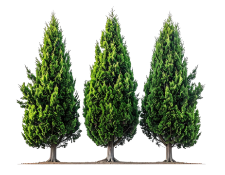 Three tall, green trees with conical shapes stand against a transparent backdrop