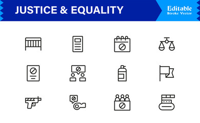 Justice And Equality Professional Line Icon Collection – Modern, Minimal, Pixel-Perfect Legal Symbols With Editable Outline Style for Premium Use