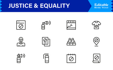 Justice And Equality Professional Line Icon Collection – Modern, Minimal, Pixel-Perfect Legal Symbols With Editable Outline Style for Premium Use