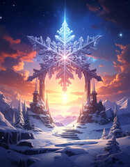 Majestic Snowflake Archway Overlooking Snowy Landscape at Sunrise.