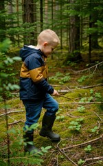 Child exploring nature in forest outdoor activity adventure green environment candid viewpoint