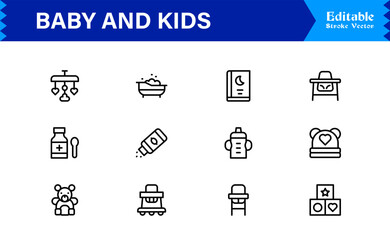 Baby And Kids Parenting Line Icon Set Modern, Minimal, Pixel Perfect, And Editable Outline Symbols For Family Themes