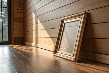 Empty golden picture frame rests on a polished wooden floor bathed in warm sunlight streaming through a window