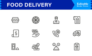 Food Delivery Line Icon Set Modern Minimal Outline Symbols for Online Orders and Takeout
