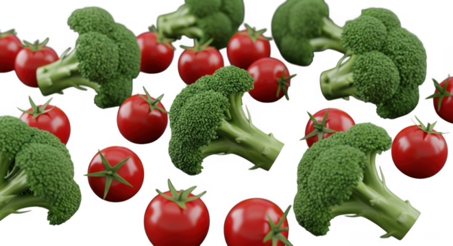 Fresh broccoli and tomatoes isolated on transparent background