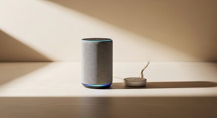 Modern cylindrical smart home speaker device with a glowing indicator light and compact power accessory, presented in a minimalist sunlit setting for advanced household interaction