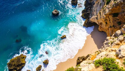 Aerial view of pristine beach with turquoise ocean, white waves crashing on sand, and dramatic cliffs. Coastal paradise landscape.