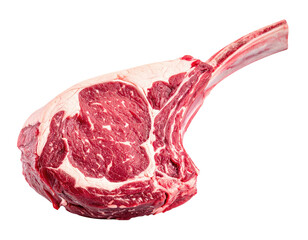 A raw, bone-in steak with a rich red interior and white marbling on a black background