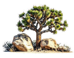 Iconic desert tree with rocky base, lush green foliage, and a clear background